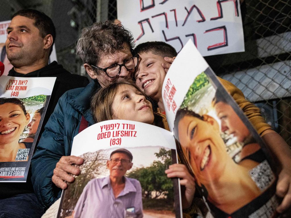 Israeli freed hostage Yocheved Lifshitz (C), 85, protests for her husband’s freedom outside the Ministry of Defence in Tel Aviv. Picture: Oren Ziv/AFP