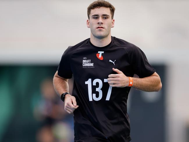 MELBOURNE, AUSTRALIA - OCTOBER 06: Nathaniel Sulzberger (Tasmania - Sandringham Dragons) competes in the 2km time trial during the Telstra AFL State Draft Combine at MSAC on October 06, 2024 in Melbourne, Australia. (Photo by Dylan Burns/AFL Photos via Getty Images)