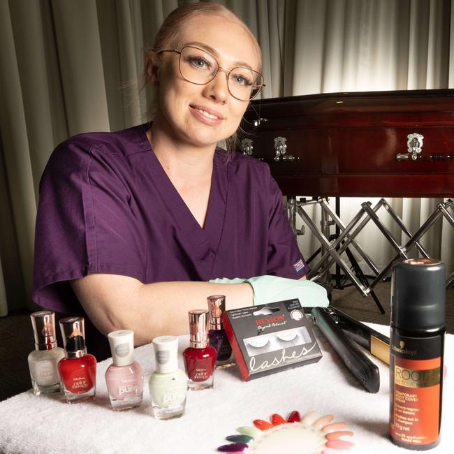 Trainee embalmer Nicole Vallance with some of the beauticians tools. The recent boom in cosmetic procedures has raised the bar for many of us when it comes to our appearances. Picture: Tony Gough