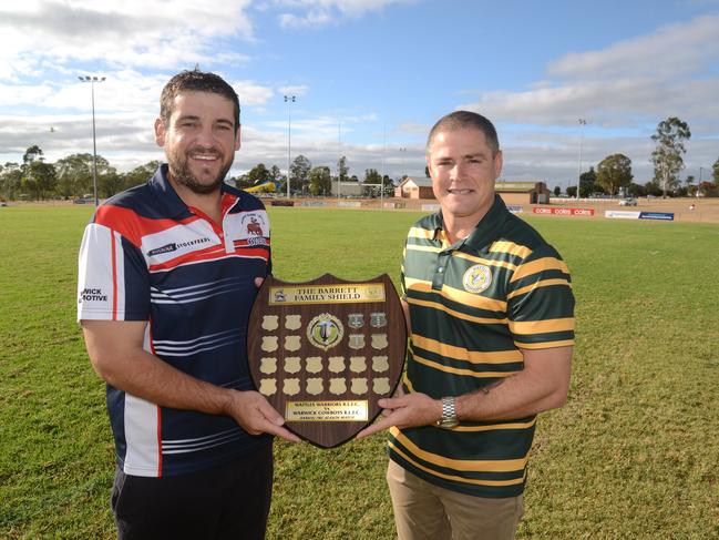 Coaches Matt Grew (Warwick Cowboys) and Travis Burns (Wattles Warriors) both want the Barrett Shield after tonight's game at Father Ranger Oval.