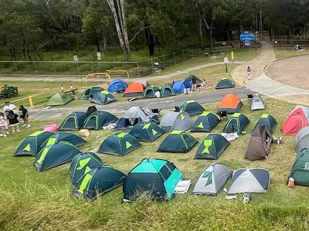 Tents at Brisbane Entertainment Centre ahead of Billie Eilish performance, 18 February 2025. Photo: Mikaela Mulveney.