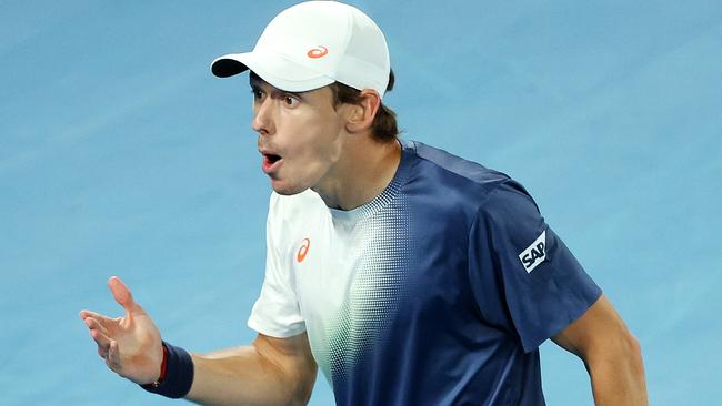 MELBOURNE, JANUARY 22, 2025: 2025 Australian Open Tennis, day eleven. Alex de Minaur (AUS) in action against Jannik Sinner (ITA) during their quarterfinal singles match on Rod Laver Arena. Picture: Mark Stewart