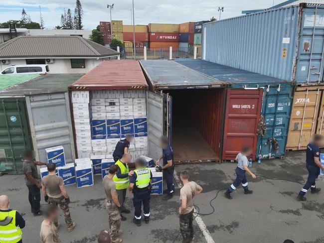 Customs officers in Noumea made an exceptional seizure of nearly 76 tonnes of contraband cigarettes, concealed in several containers that were on board a commercial ship. Picture: Australian Border Force