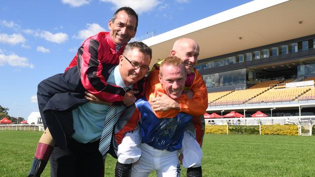 Jockeys Robbie Fradd (left) and Jeff Lloyd (right) have piggybacked on the success of Cameron Partington and Jim Byrne. Picture: Natasha Wood, Trackside Photography