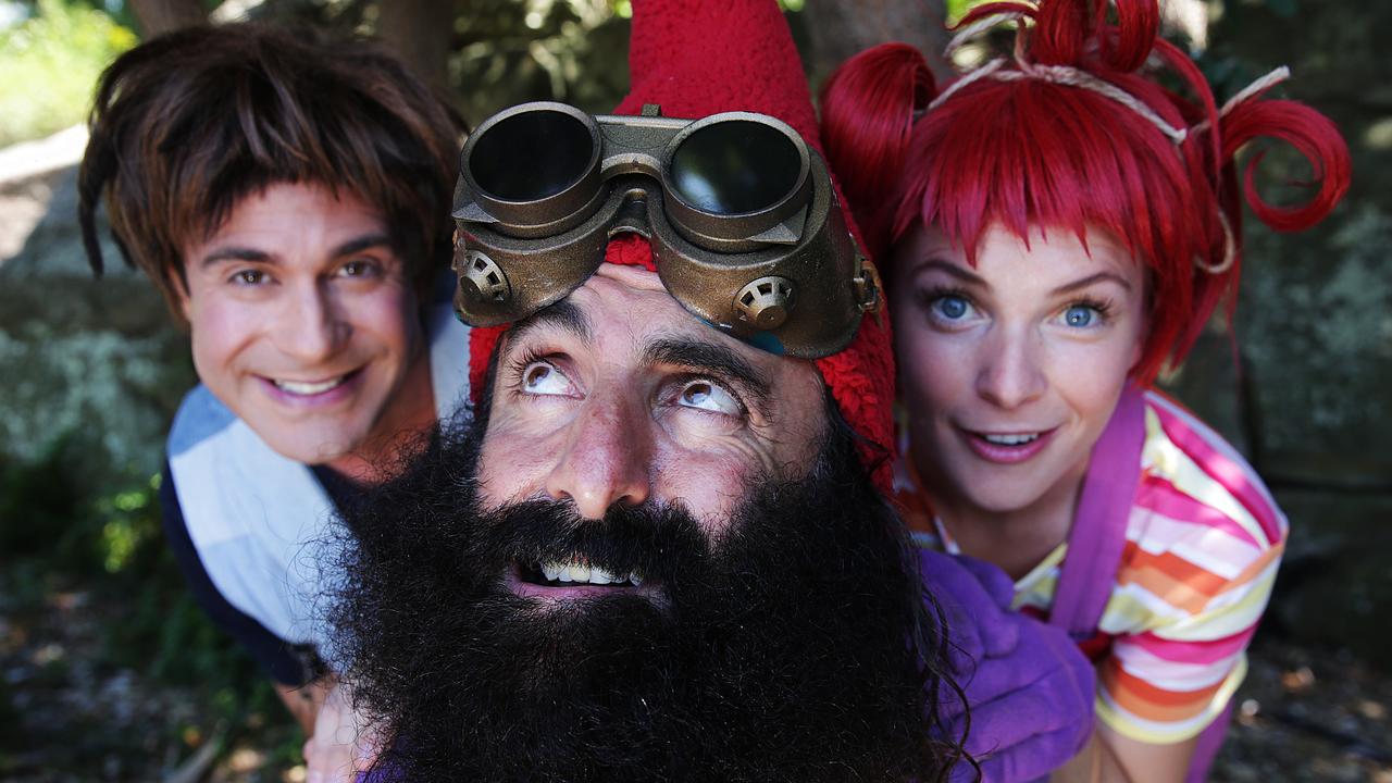 Costa the Garden Gnome (centre) with Scrapboy (Michael Balk) and Dirtgirl (Maree Lowes) from ABC Kids’ Get Grubby TV.