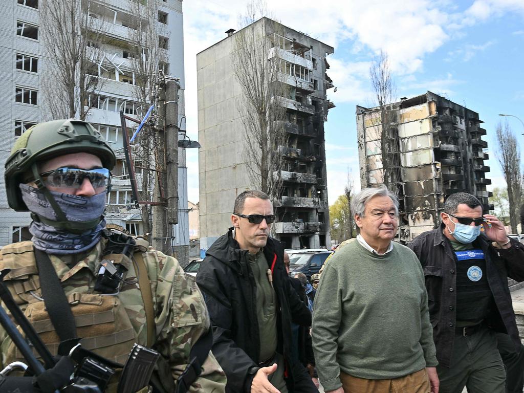 Mr Guterres in the town of Borodianka outside Kyiv where Russian forces allegedly killed civilians. Picture: AFP