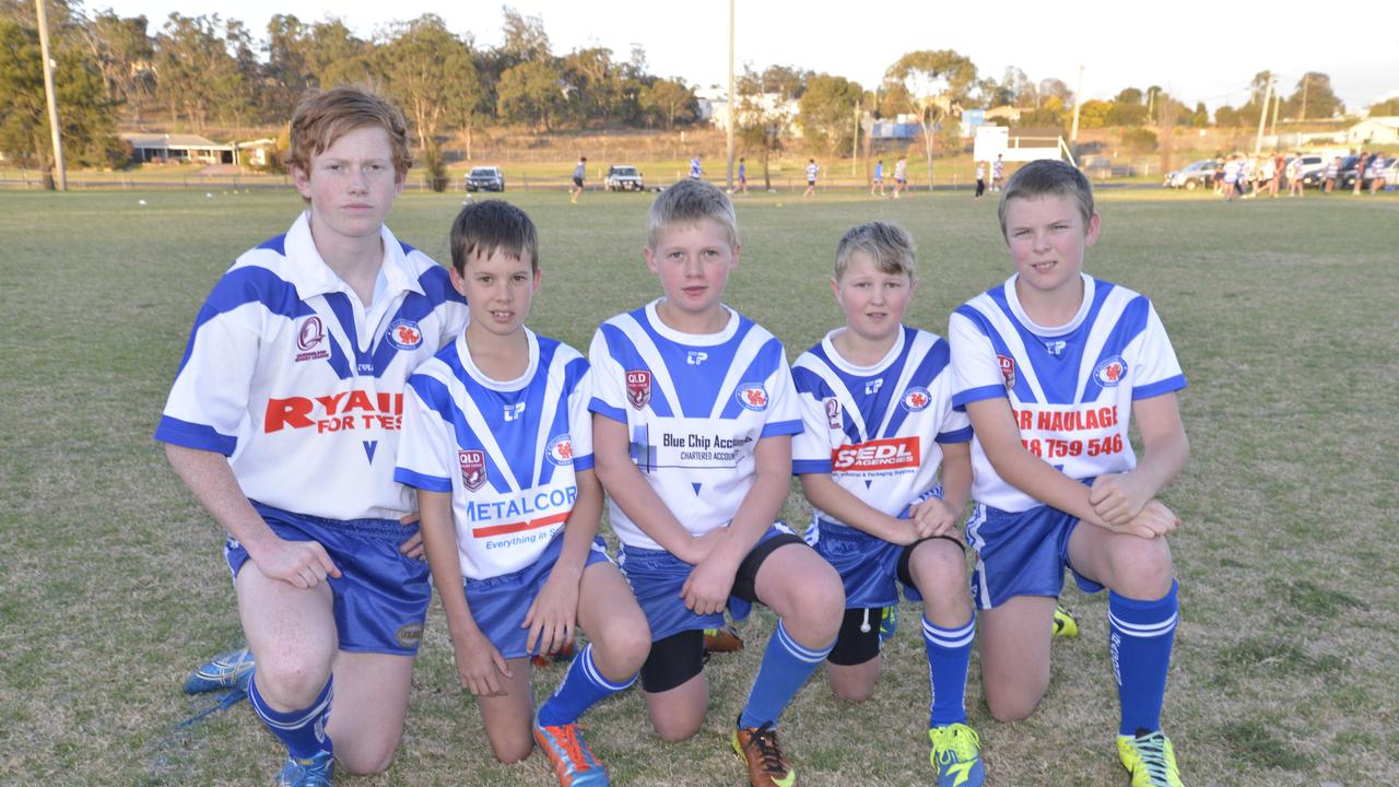 Collegians captains Fraser McVeigh, Jack McIvor, Rielly Byrne, Dean Mauch and Charlie Want after a club championship win. Photo Gerard Walsh / Warwick Daily News