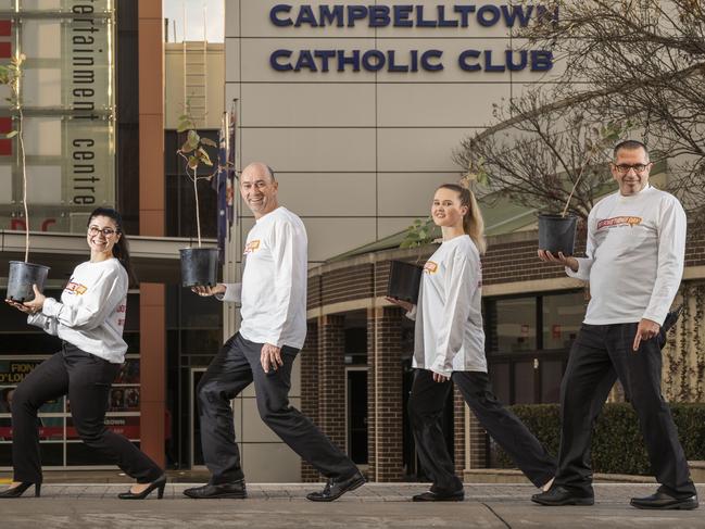 Campbelltown Catholic Club will be planting $1000 worth of eucalyptis trees across the region for Do Something Day. Staff Jessica Ciccone, Graeme Derrig, Hannah Grey and Frank Marrapodi. Photographed 12th July 2018.  (AAP IMAGE/Matthew Vasilescu)