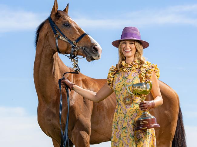 Lexus Melbourne Cup with Delta Goodrem and Lexus Melbourne Cup runner Grand Promenade ahead of the 2021 race. Picture: Jason Edwards