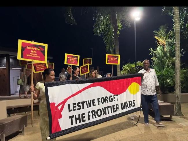 A small group gathered on the Cairns waterfront to commemorate Queensland Frontier Wars in which an estimated  24,000 Aboriginal people were killed. Picture: David Anthony