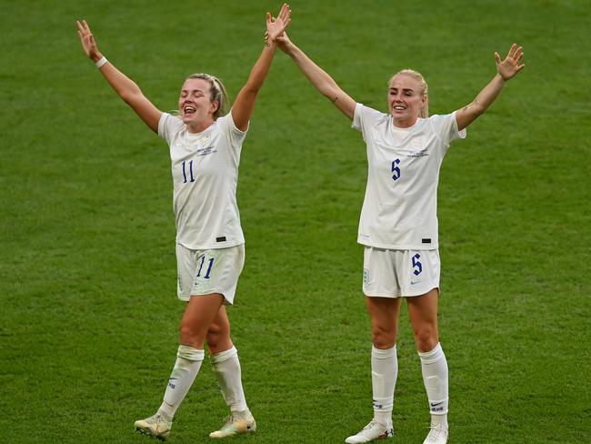 Lauren Hemp of England celebrates with Alex Greenwood after the final whistle of the UEFA Women's Euro 2022 final match between England and Germany at Wembley Stadium. Picture: Michael Regan/Getty Images