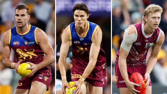 Brisbane Lions players Jack Payne, Eric Hipwood and Carter Michael.