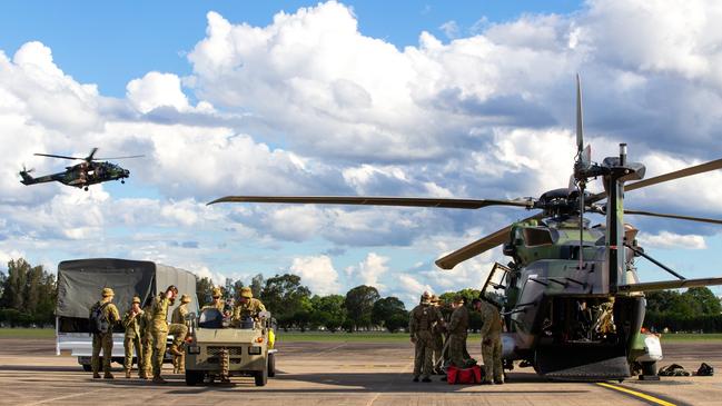 A Townsville based Australian Army MRH-90 helicopter comes in to land at RAAF Base Richmond during OP NSW Flood Assist. .