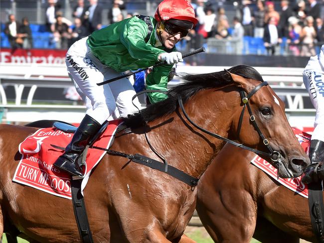 Race 7, The Emirates Stakes, won by Turn Me Loose ridden by Kerrin McEvoy and trained by Murray Baker . EmiratesStakes15 Picture: Jay Town