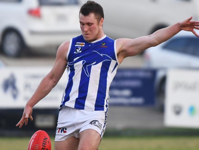 Jesse Murphy of Langwarrin is seen in action during the MPNFL Division 2 match at Pearcedale Recreation Reserve, Pearedale, Victoria, Saturday, April 21, 2018. Pearcedale v Langwarrin. (AAP Image/James Ross) NO ARCHIVING