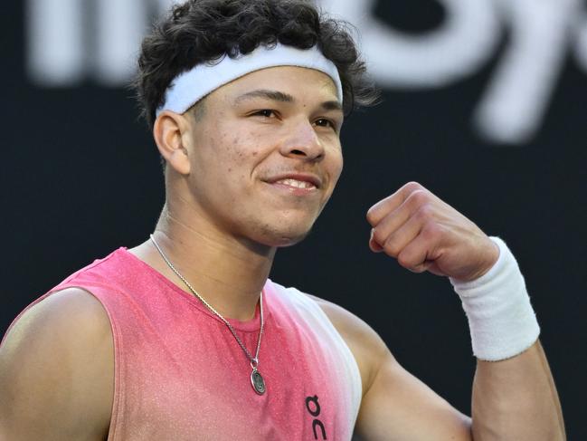 MELBOURNE, AUSTRALIA - JANUARY 22: Ben Shelton of the United States celebrates winning against Lorenzo Sonego of Italy in the Men's Singles Quarterfinal during day 11 of the 2025 Australian Open at Melbourne Park on January 22, 2025 in Melbourne, Australia. (Photo by Quinn Rooney/Getty Images)