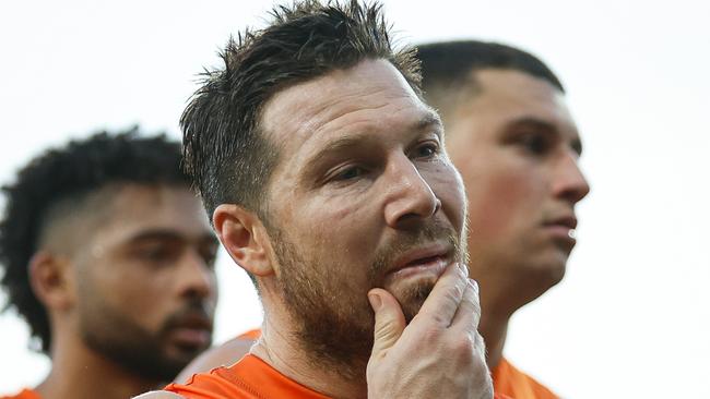 MELBOURNE, AUSTRALIA - JUNE 08: Toby Greene of the Giants looks dejected after a loss during the 2024 AFL Round 13 match between the Hawthorn Hawks and the GWS GIANTS at UTAS Stadium on June 08, 2024 in Launceston, Australia. (Photo by Dylan Burns/AFL Photos via Getty Images)