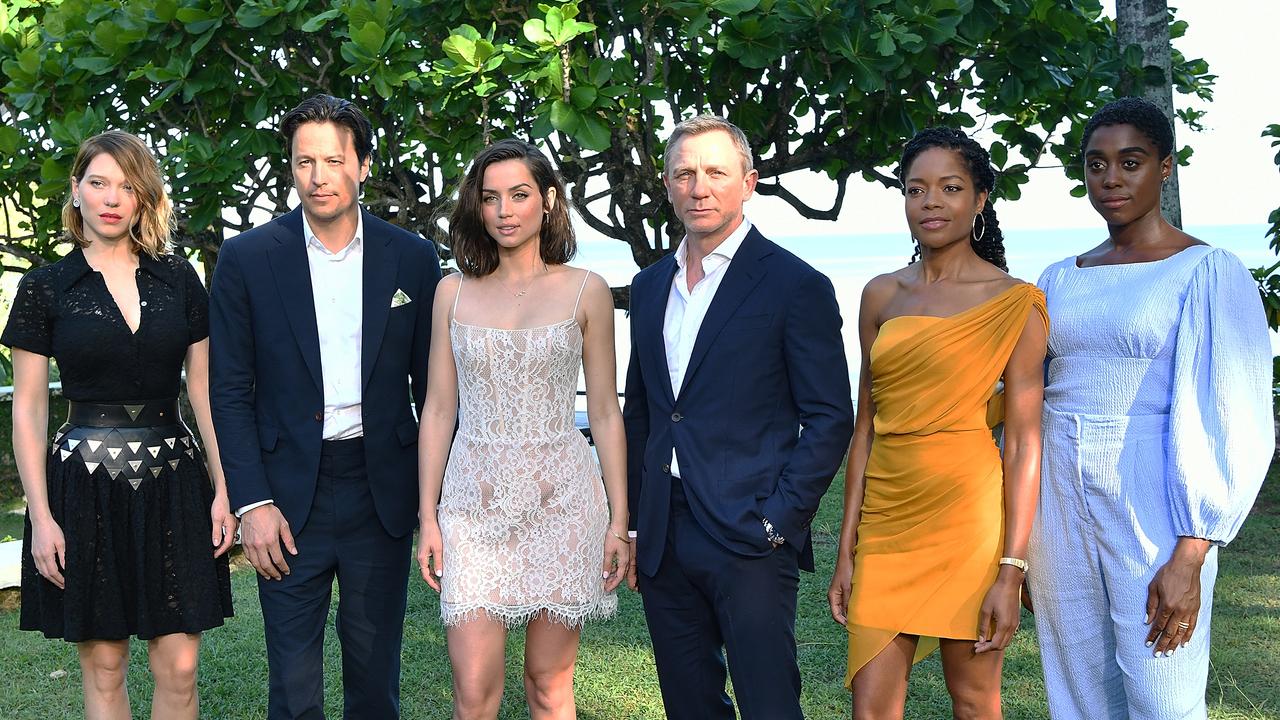 (L-R): Lea Seydoux, director Cary Joji Fukunaga, cast members Ana de Armas, Daniel Craig, Naomie Harris and Lashana Lynch attend the ‘Bond 25’ film launch in Montego Bay, Jamaica. Picture: Slaven Vlasic/Getty Images for Metro Goldwyn Mayer Pictures