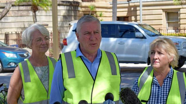 Capricornia MP Michelle Landry, then Rockhampton region mayor Margaret Strelow and then Deputy Prime Minister Michael McCormack MP speaking about the South Rockhampton Flood Levee in September 2019.