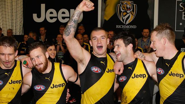 Dustin Martin and the Tigers celebrate the win. Picture: Getty Images
