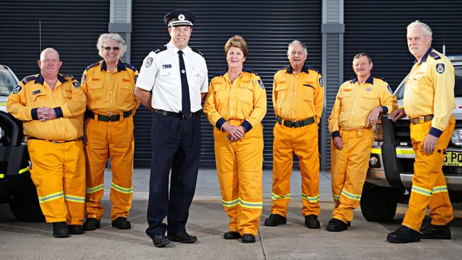 John Nelson, Glenn Kershaw, Mark Sugden, Margaret Arscott, John Goldsmith, Phil Gallop and Rex Callaghan at RFS Hornsby Ku-ring-gai fire control centre. Picture: Adam Yip