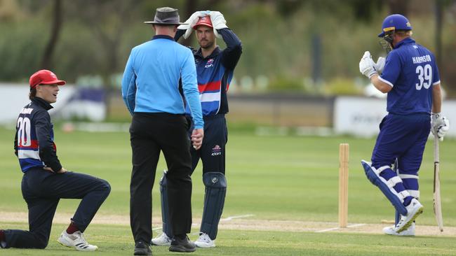 Premier: Footscray wicketkeeper Dylan Kight shows his disappointment after a run out appeal is denied. Picture: Stuart Milligan