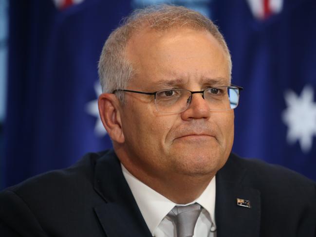 SYDNEY, AUSTRALIA - NewsWire Photos APRIL 22, 2021 - Prime Minister Scott Morrison addresses the summit from the Sydney Commonwealth Parliament Offices.Picture: NCA NewsWire / Christian Gilles