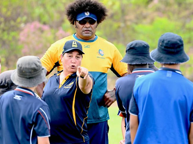 Rugby clinic at Mackillop Catholic College.Classic Wallabies  Radike Samo and Classic Wallaroo Shirley Russell with students