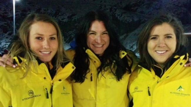 Mikayla Dunn (left) with teammates Ashleigh Werner (centre) and Bree Walker in their Australian uniforms during training on Whistler November 2017.