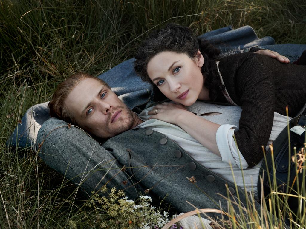 Sam Heughan with his co-star Caitriona Balfe in Outlander. Picture: Foxtel