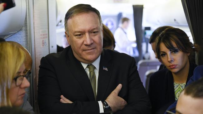 Mike Pompeo, on a flight to Muninch on Friday, cautioned that talks among Afghan groups would have to succeed for the US and NATO to reduce their footprint in Afghanistan. Picture: AP