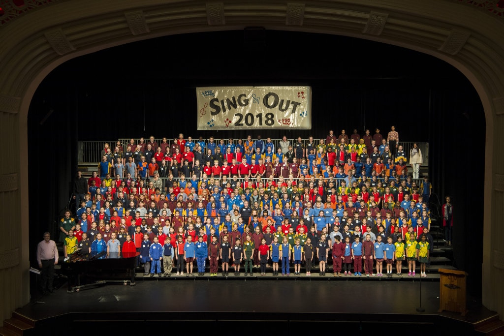 Sing Out 2018 mass choir day one featuring students of Toowoomba Anglican College and Preparatory School, Glenvale State School, St Anthonys Primary School, St Stephens Catholic School at Pittsworth, Harlaxton State School, Rockville State School, Helidon State School, Newtown State School, Biddeston State School, Gatton State School, Gabbinbar State School, Rangeville State School and Middle Ridge State School on stage at Empire Theatres , Tuesday, June 12, 2018. Picture: Kevin Farmer