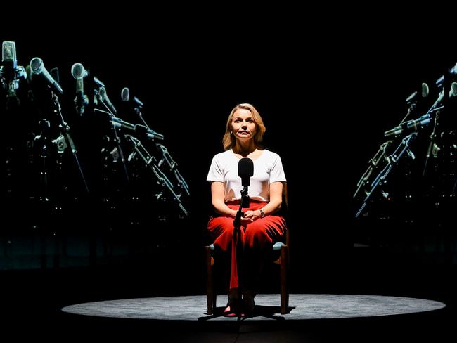 Australian actor Justine Clarke poses for photographs on stage during a media preview of Julia, written by Joanna Murray-Smith and directed by Sarah Goodes at the Canberra Theatre Centre in Canberra, Tuesday, March 21, 2023. (AAP Image/Lukas Coch) NO ARCHIVING