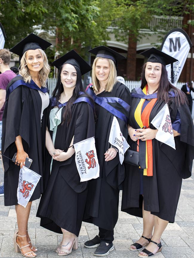 Yakiya Parish, Stacey Grey, Kim Lockhart and Jemma Polglase at the UTAS Graduation at Launceston. PICTURE CHRIS KIDD