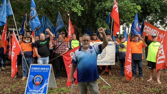 Plumbing and Pipe Trades Employees Union North Queensland organiser Jim White with Mackay Regional Council outdoor employees striking outside council chambers on Wednesday, April 28, 2021. Picture: Heidi Petith