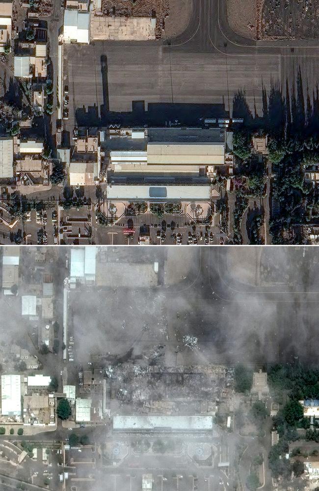 The main terminal and control tower at Sanaa International Airport in Sanaa, Yemen on April 10 (top) and the destroyed main terminal pictured on May 7, 2025. Picture: Maxar Technologies/AFP