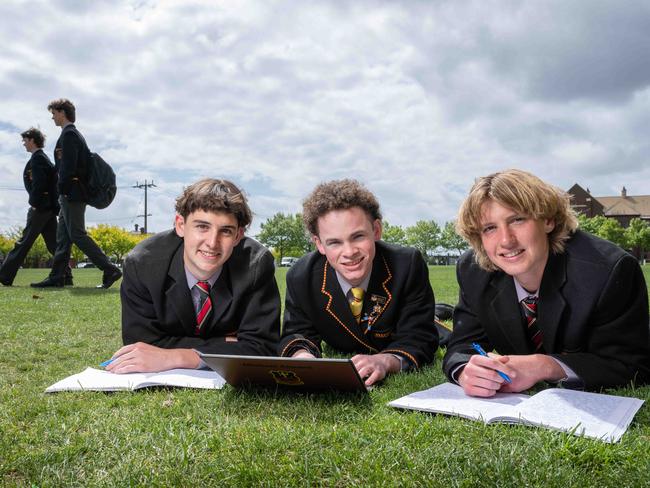 14-10-2024  St Joseph's College Geelong students Noah Caracella, Michael Ahearn and Lachie Jaques at front with Edward Sargeant and Nicholas Anglin at back enjoying the opportunity for flexible learning. Picture: Brad Fleet