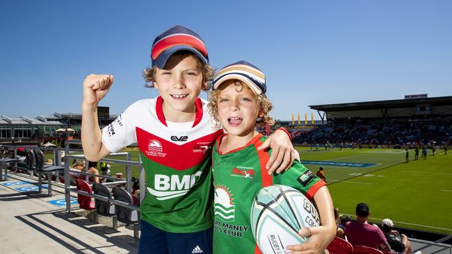 Eight-year-old Sean Hyams and five-year-old Harry Hyams at the Intrust Super Cup Grand Final between Wynnum Manly Seagulls and Norths Devils, Sunday, October 10, 2021 - Picture: Richard Walker