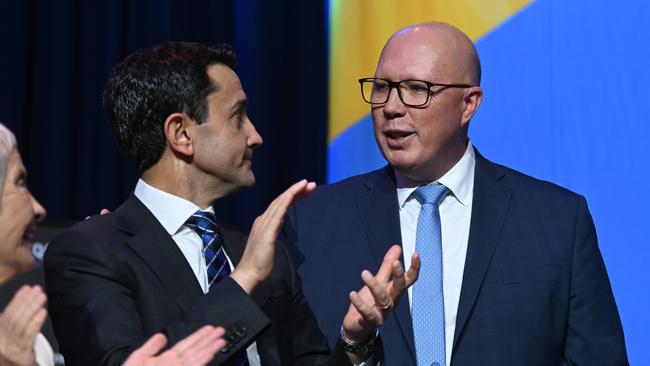 Federal Opposition Leader Peter Dutton (right) and Queensland Premier David Crisafulli during the LNP Convention in Brisbane. Picture: Dan Peled / NewsWire