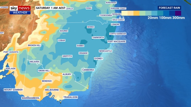 For Sydney, 30 to 40mm is expected by Saturday – helping the Harbor City to creep to within just 100mm of its wettest year on record with three months still to go in 2022. Picture: Sky News Australia