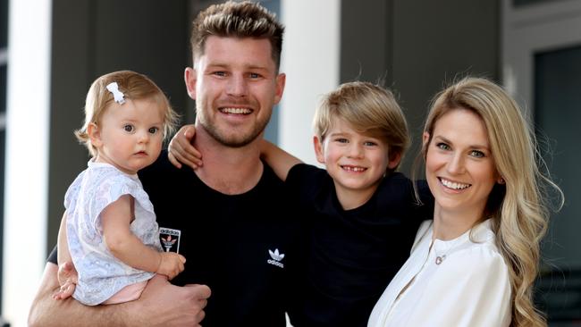 Bryce Gibbs with wife Lauren and children Madison (11 months) and Charlie (5) after he announced his retirement on Thursday. Picture: Getty Images