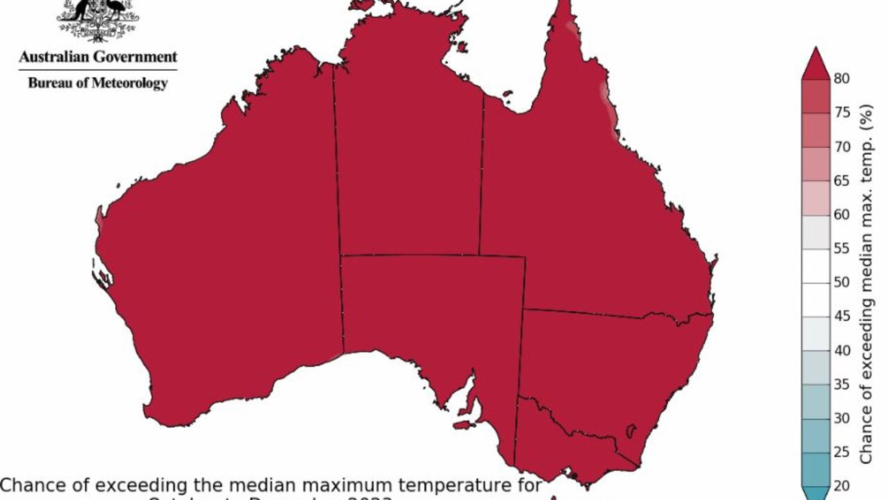 Map of Australia showing the chance of exceeding the median maximum temperature for Oct-Dec 2023. Picture: Bureau of Meteorology