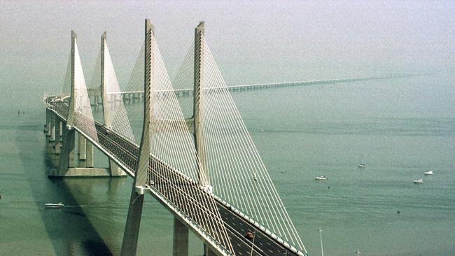 Lisbon's Vasco da Gama bridge spans 17.2kms across the Tagus river. Picture: AP Photo/Armando Franca