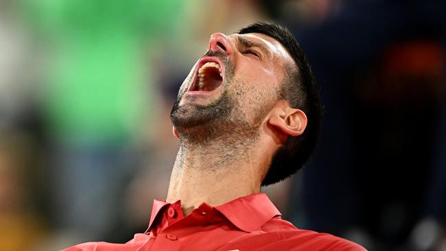 PARIS, FRANCE - JUNE 01: Novak Djokovic of Serbia celebrates victory against Lorenzo Musetti of Italy in the Men's Singles third round match at Roland Garros during Day Seven of the 2024 French Open at Roland Garros on June 01, 2024 in Paris, France. (Photo by Clive Mason/Getty Images)