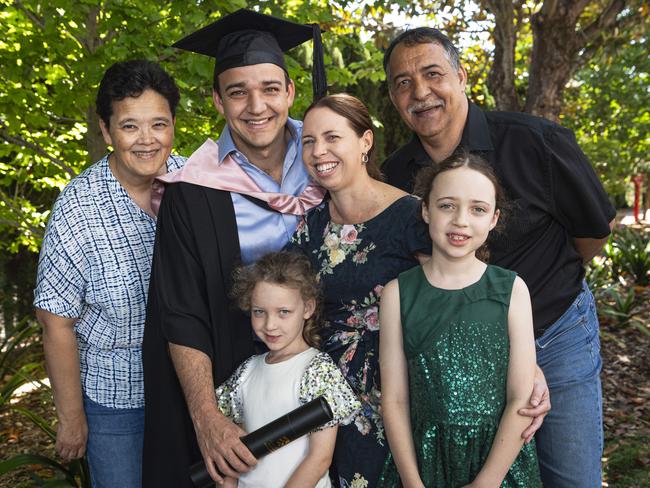 Master of Education (Guidance and Counselling) graduate Leland Palmer celebrates with (from left) Carlette, Lucy, Leesa, Lola and Kurt Palmer at a UniSQ graduation ceremony at The Empire, Tuesday, October 29, 2024. Picture: Kevin Farmer