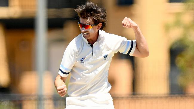 Jack Carroll celebrates a wicket for Kew. Picture: Josh Chadwick