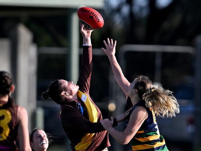 KewÃs Lauralee Rinaldi and St KevinÃs Charity Russell during the VAFA Women's football match between St Kevins and Kew in Sandringham, Saturday, Aug. 20, 2022. Picture: Andy Brownbill