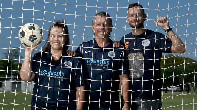 Jennifer Board Memorial Football Carnival organisers Dannika Poole, Graeme Mertz and Luke Southgate at Estates Football Club. Picture: Evan Morgan