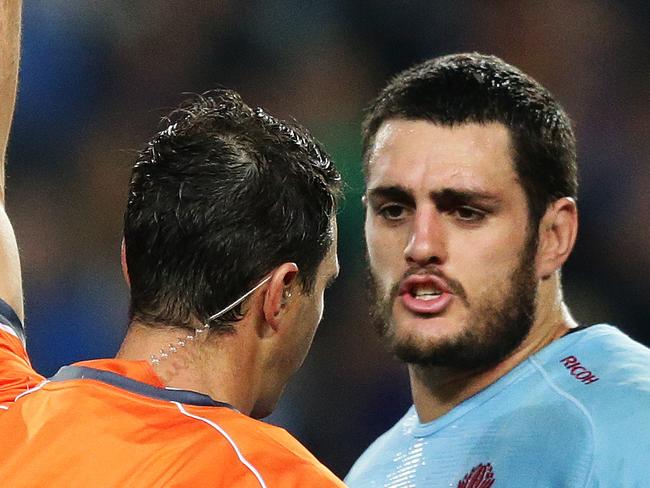 Waratahs Jacques Potgieter is yellow carded for a swinging arm and a penalty try was awarded to Highlanders Patrick Osborne during the NSW Waratahs v Highlanders Super Rugby Semi-Final at Allianz Stadium, Sydney. Pic Brett Costello