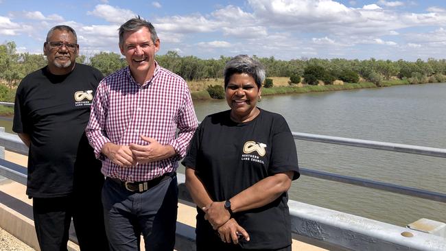 NLC chairman Samuel Bush-Blanasi, Chief Minister Michael Gunner and NLC CEO Marion Scrymgour in Timber Creek after signing the agreement in July